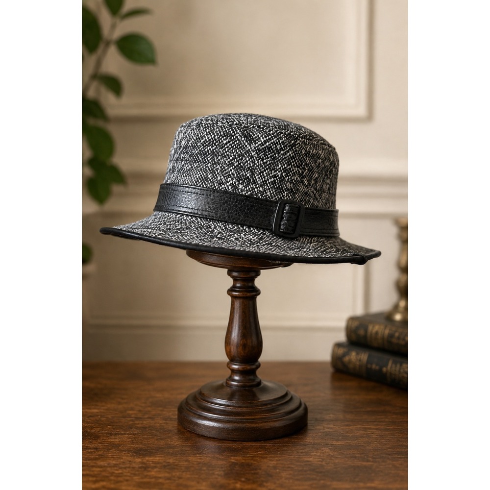Vintage Mavili's Tweed Fedora Hat XL Made in Canada Black White Wool Blend 80s